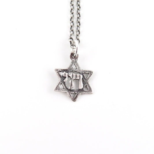 Silver Judaic Necklace | Sterling Chai Necklace | Silver Hebrew Star Charm | Silver Star David Necklace | Sterling Chai in Jewish Star Charm