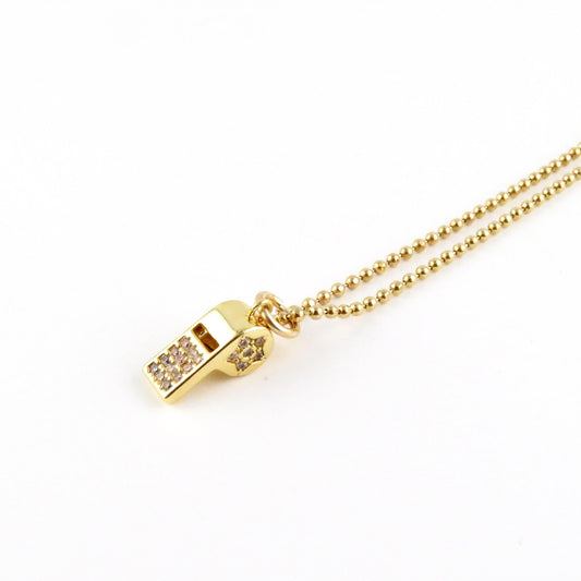 Gold Whistle Necklace | Gold CZ Whistle Pendant | Sparkly Whistle Necklace | CZ Whistle Charm Necklace |