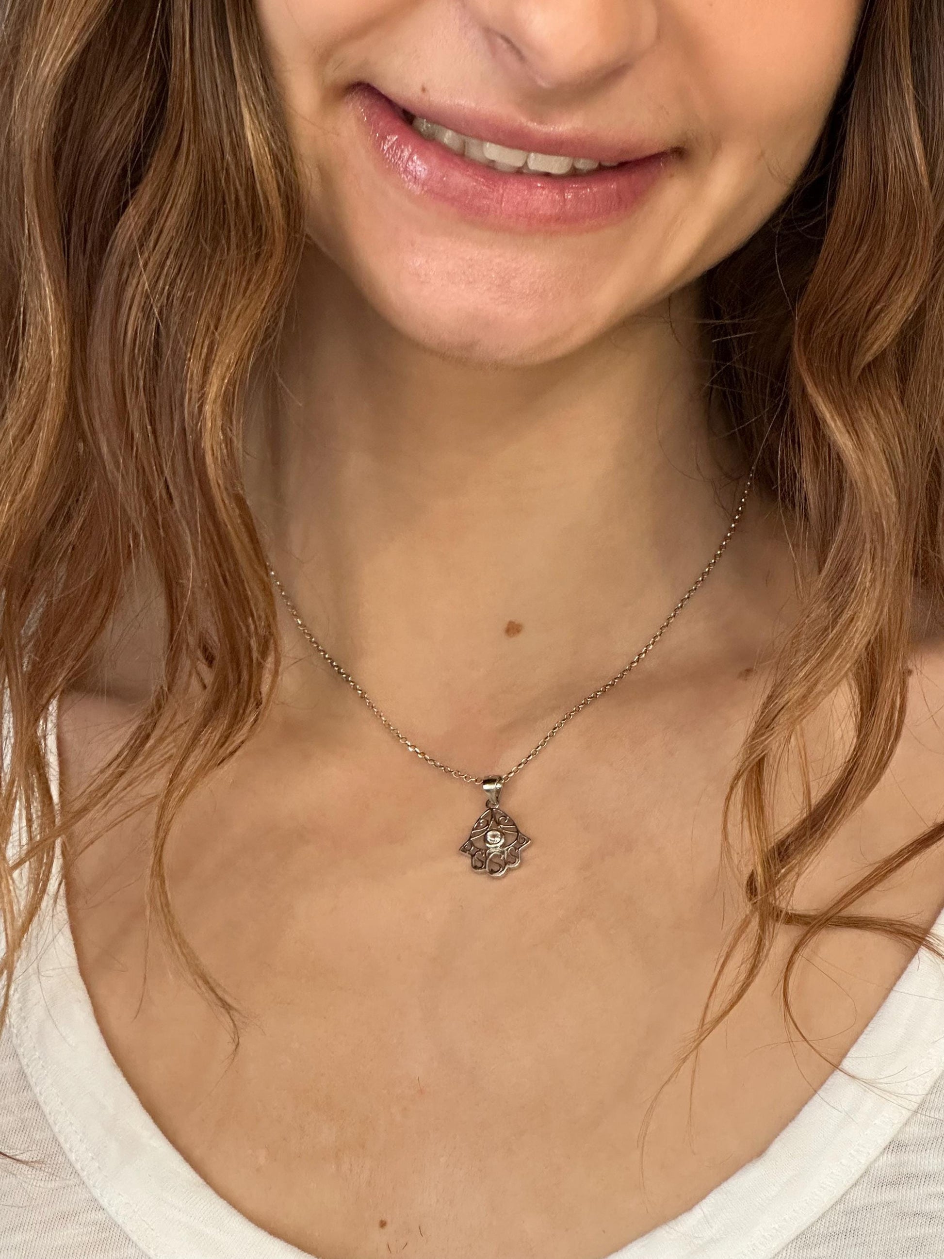 Cutout Hamsa w CZ Necklace