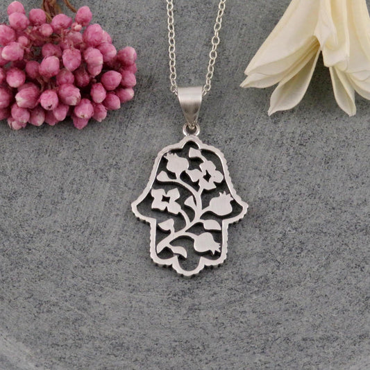 Sterling Hamsa Necklace | Silver Hamsa Pomegranate Pendant | Sterling Hand Necklace | Hamsa Pomegranate Vine Pendant | Sterling Hand Charm