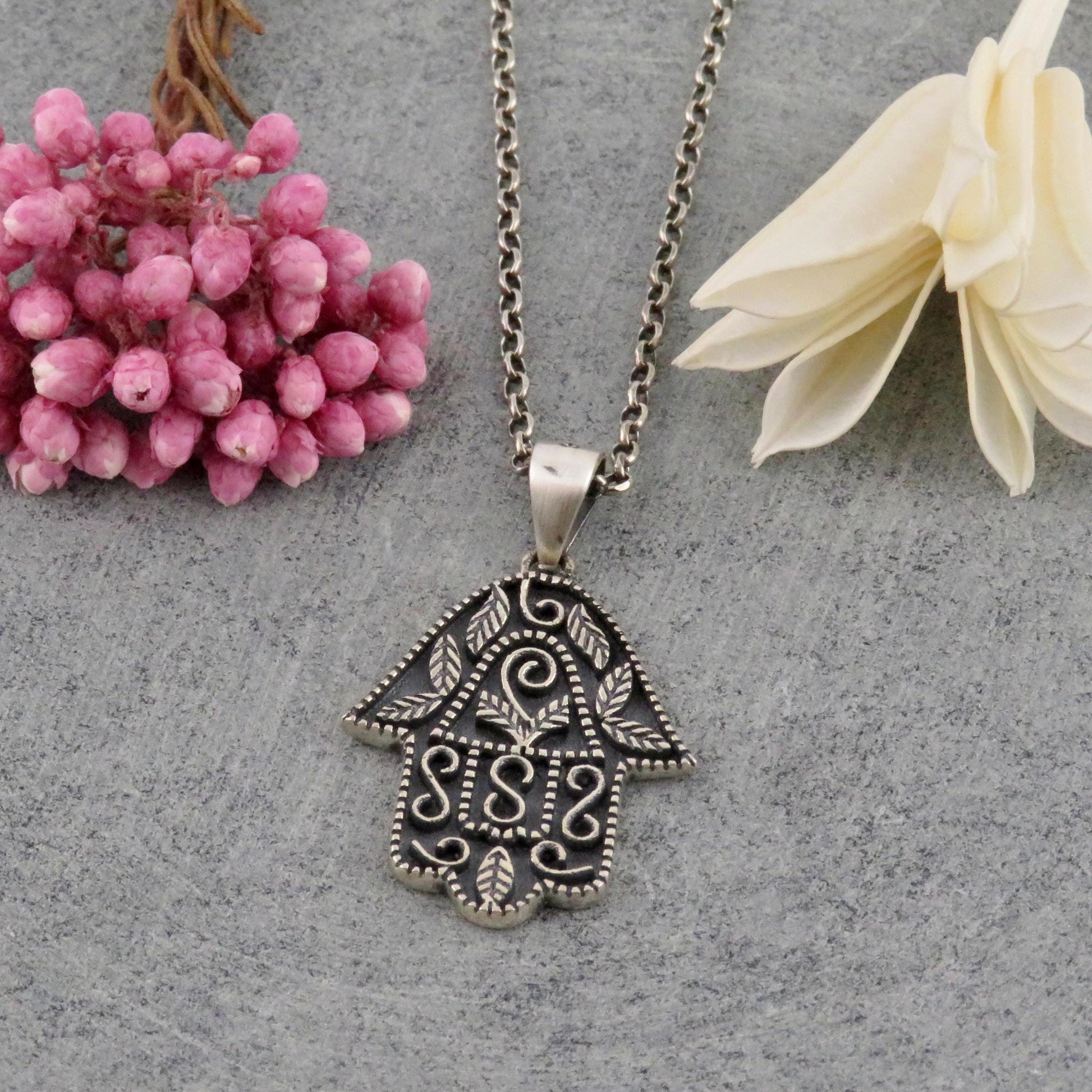 Sterling Silver Hamsa Necklace | Silver Hamsa Pendant | Sterling Hand Necklace | Hamsa Pomegranate Vine Pendant | Sterling Hand Charm