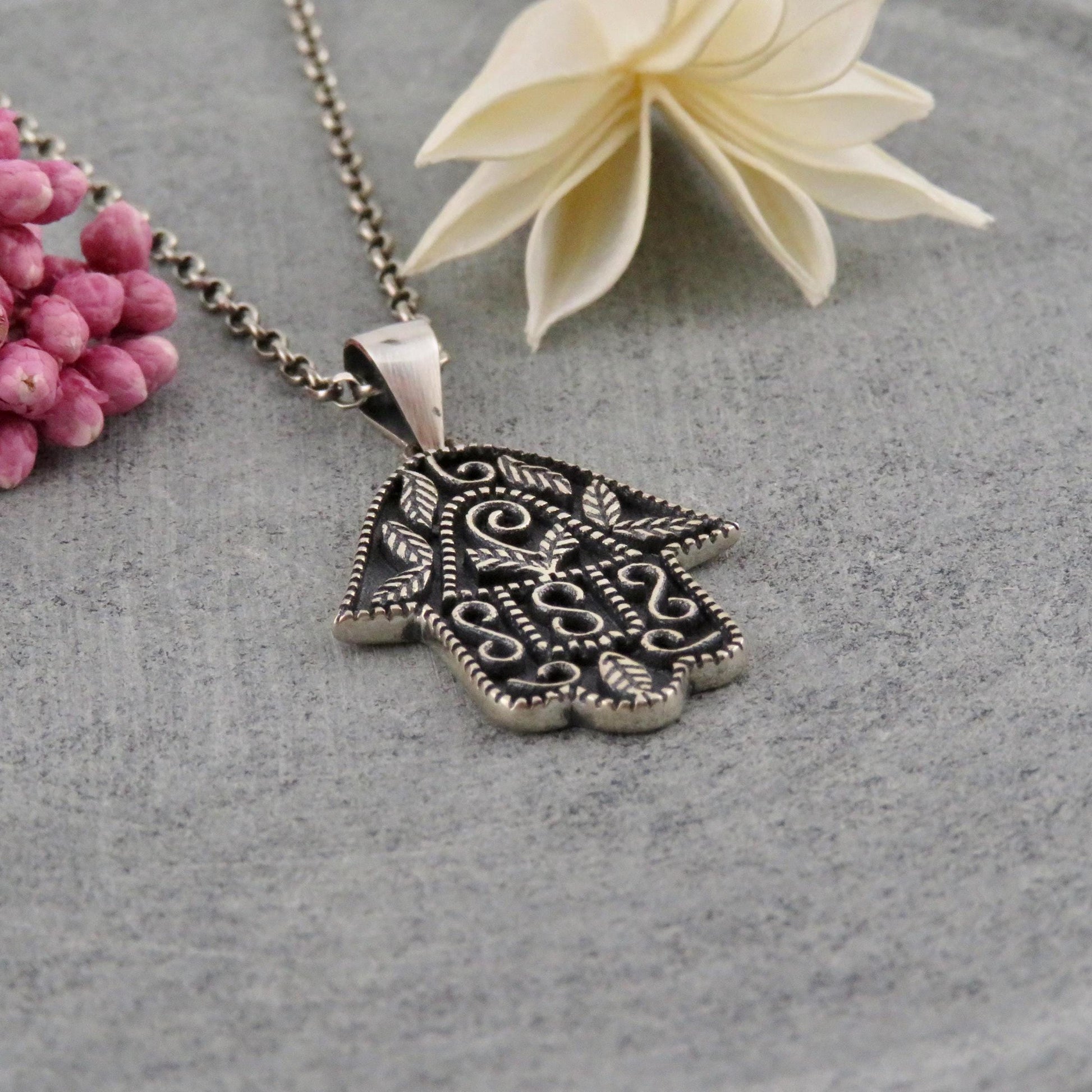 Sterling Silver Hamsa Necklace | Silver Hamsa Pendant | Sterling Hand Necklace | Hamsa Pomegranate Vine Pendant | Sterling Hand Charm