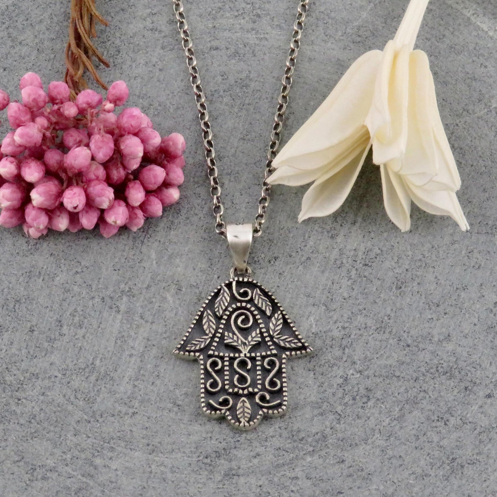 Sterling Silver Hamsa Necklace | Silver Hamsa Pendant | Sterling Hand Necklace | Hamsa Pomegranate Vine Pendant | Sterling Hand Charm