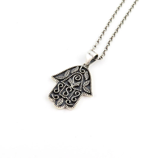 Sterling Silver Hamsa Necklace | Silver Hamsa Pendant | Sterling Hand Necklace | Hamsa Pomegranate Vine Pendant | Sterling Hand Charm