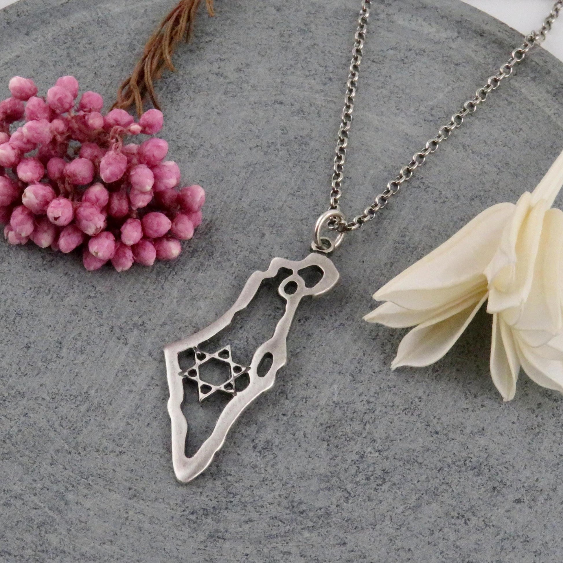 Sterling Israel Necklace | Silver Star of David Necklace | Israel Map Necklace | Sterling Magen David Necklace | Israel Map Judaic Necklace