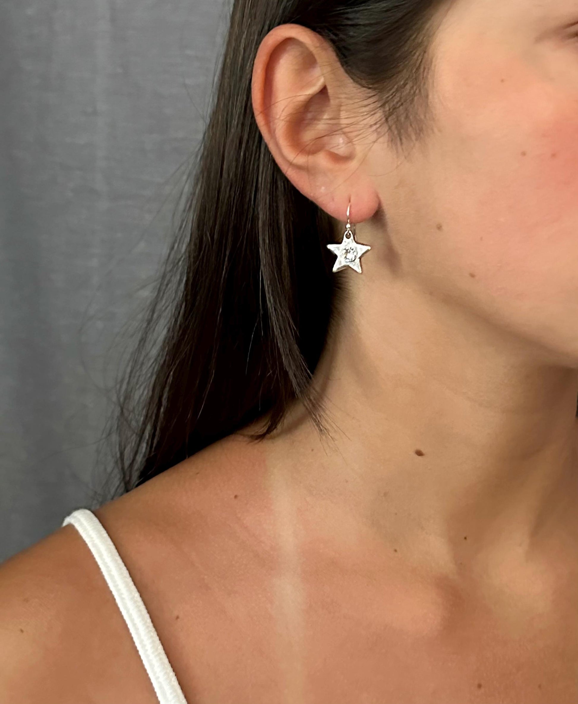 Silver Star CZ Earrings | Sparkly Star Earrings | Hammered Star Earrings | Crystal Star Earrings | Silver Stars | Celestial Star Earrings