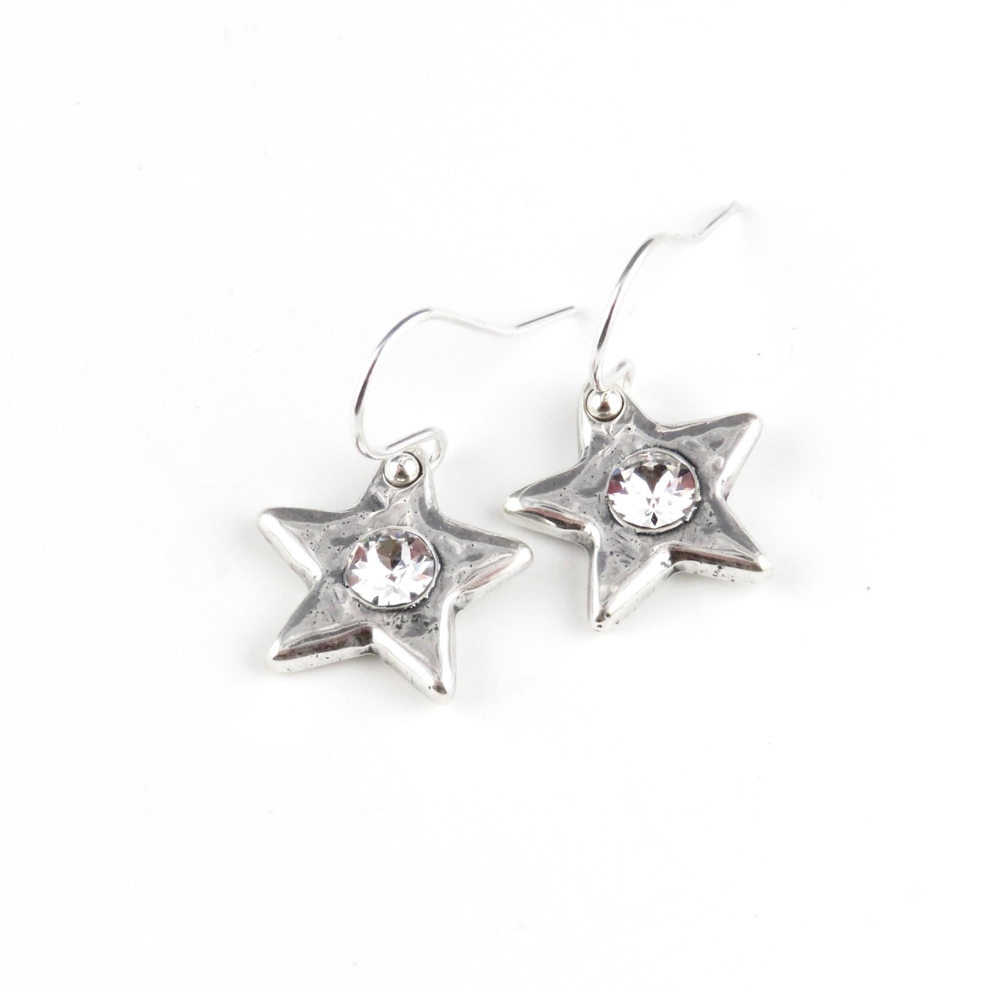 Silver Star CZ Earrings | Sparkly Star Earrings | Hammered Star Earrings | Crystal Star Earrings | Silver Stars | Celestial Star Earrings