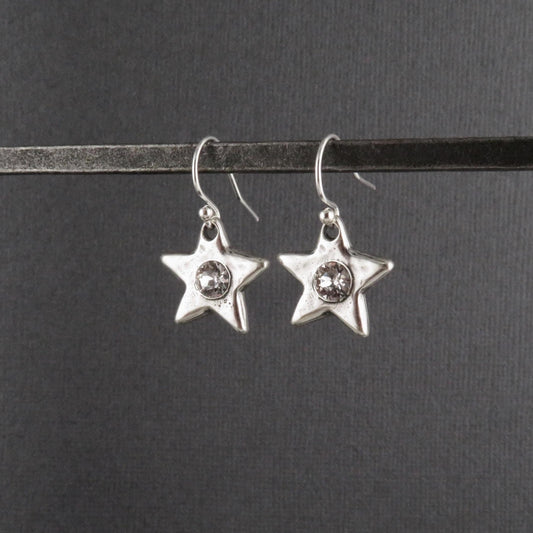 Silver Star CZ Earrings | Sparkly Star Earrings | Hammered Star Earrings | Crystal Star Earrings | Silver Stars | Celestial Star Earrings