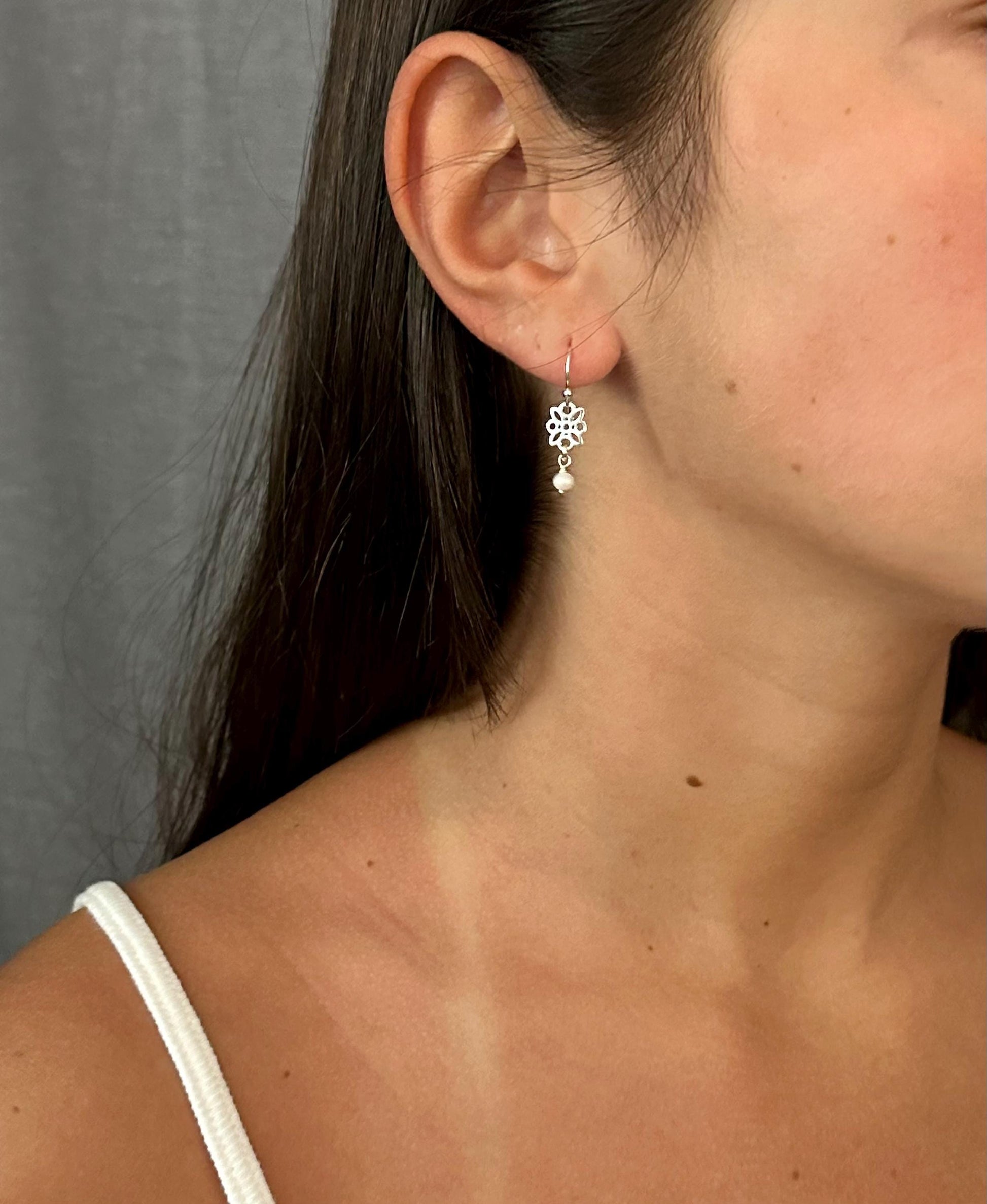 Sterling Pearl Earrings | Freshwater Pearl Silver Earrings | Sterling Delicate Pearl Earrings | Flower with Pearl Earrings | Sweet Flowers