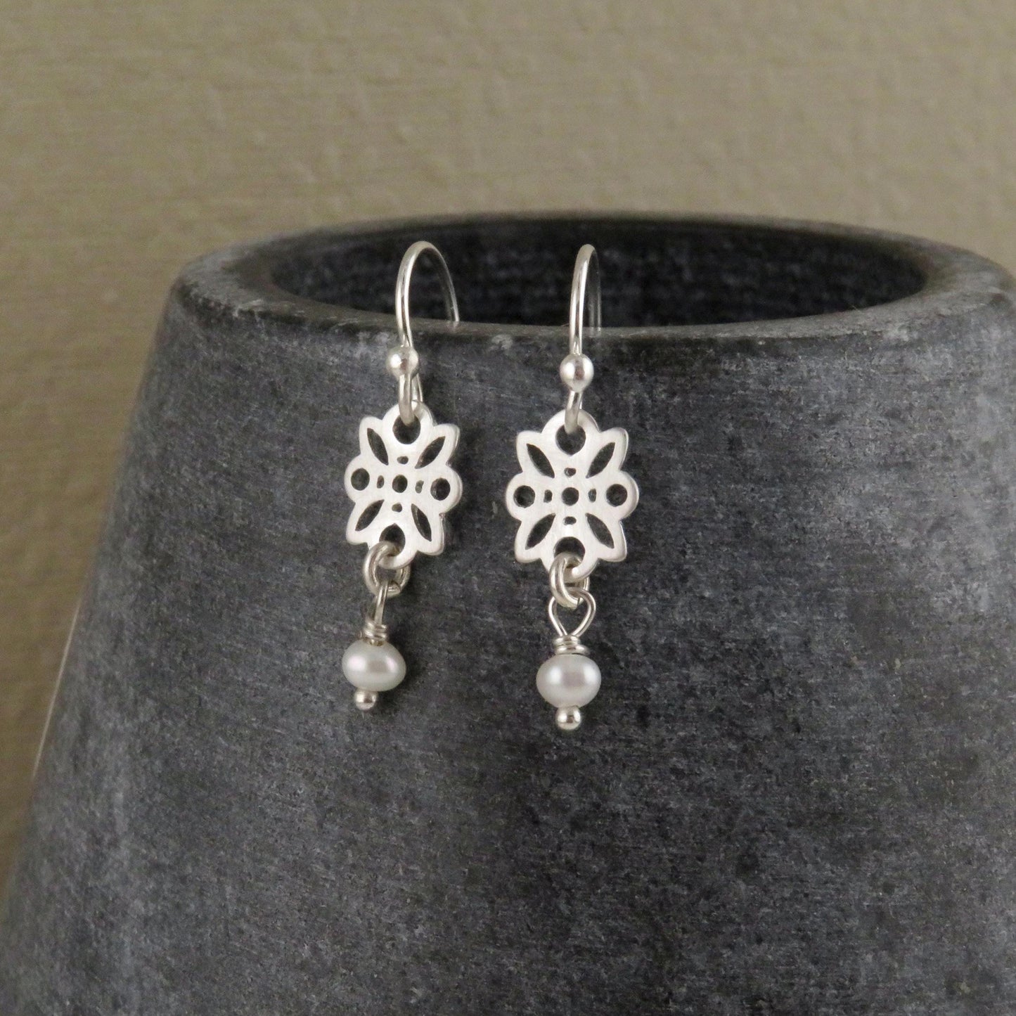 Sterling Pearl Earrings | Freshwater Pearl Silver Earrings | Sterling Delicate Pearl Earrings | Flower with Pearl Earrings | Sweet Flowers
