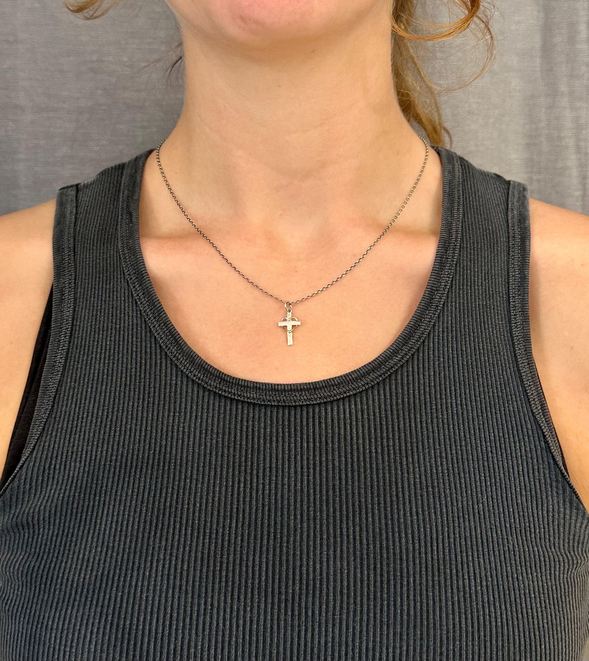 Cross Heart Necklace | Two Tone Cross Necklace | Silver Gold Cross Pendant | Mixed Metal Cross Necklace | Sterling Cross Heart Necklace