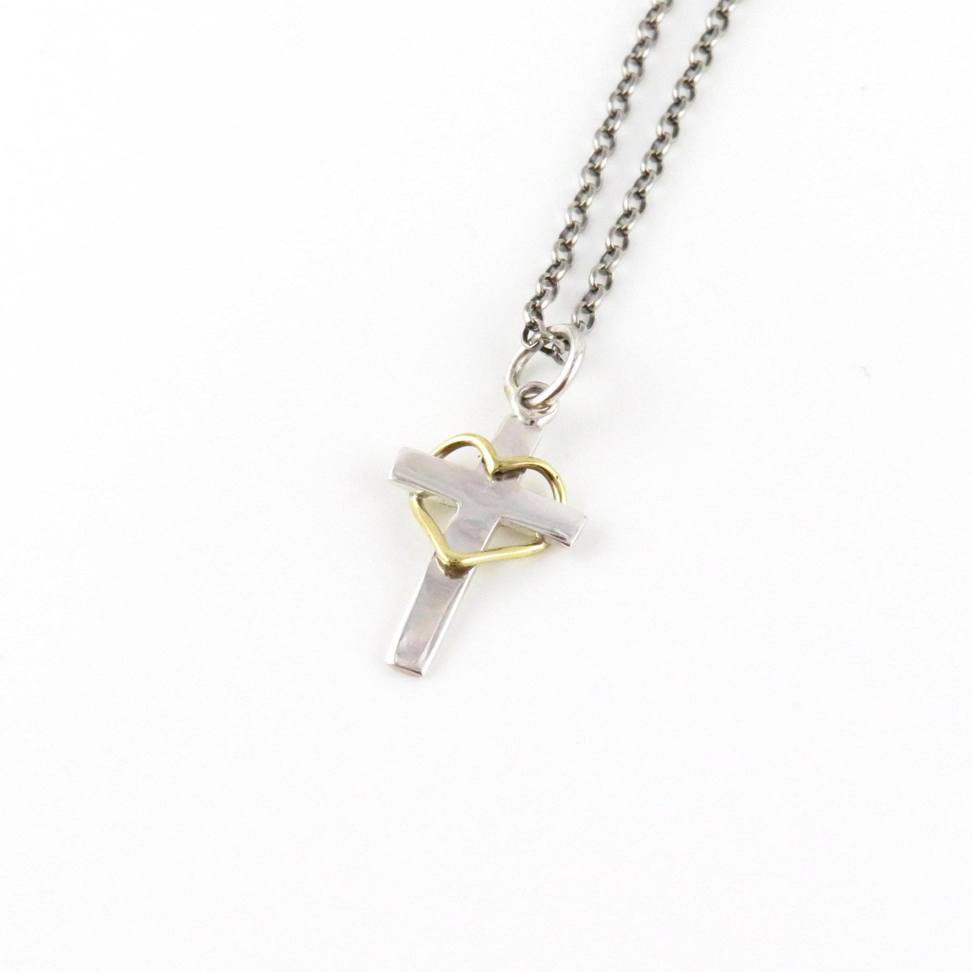 Cross Heart Necklace | Two Tone Cross Necklace | Silver Gold Cross Pendant | Mixed Metal Cross Necklace | Sterling Cross Heart Necklace
