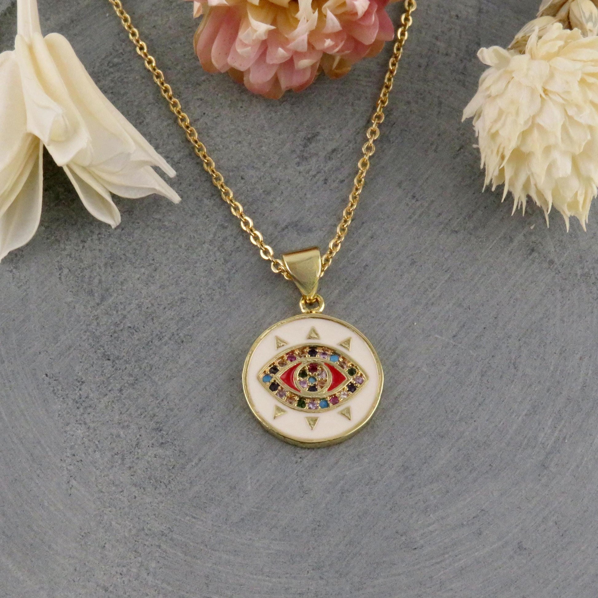 Evil Eye Necklace | Colorful Eye Pendant | Gold Evil Eye Pendant | Gold Enamel Eye Necklace | Gold Eye Medallion | Gold Evil Eye Multicolor