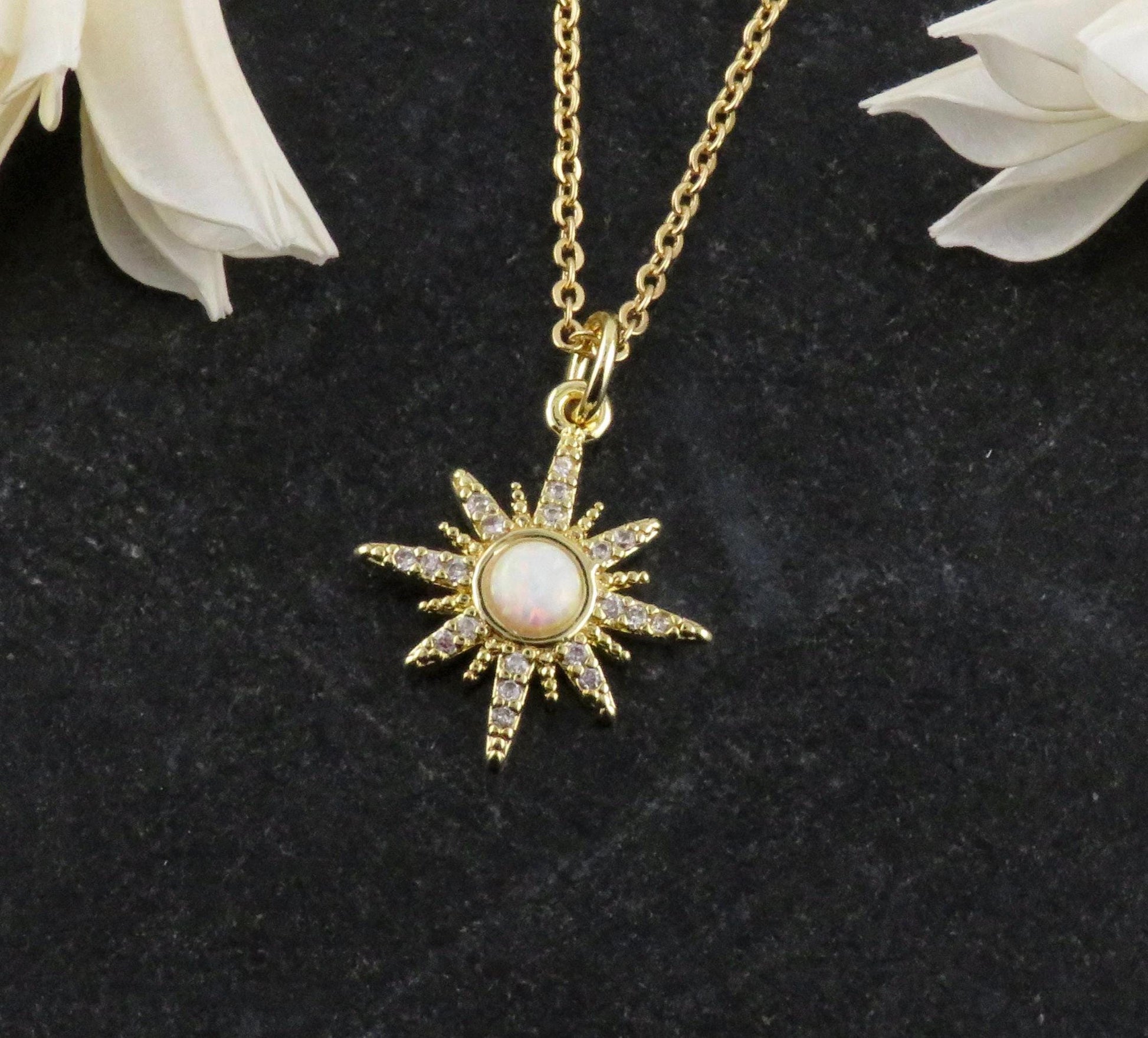 Starburst Opal Necklace | Gold Opal Pendant | Gold Geo Opal Necklace | Opal CZ Charm Necklace | White Opal Star Necklace | Opal Star