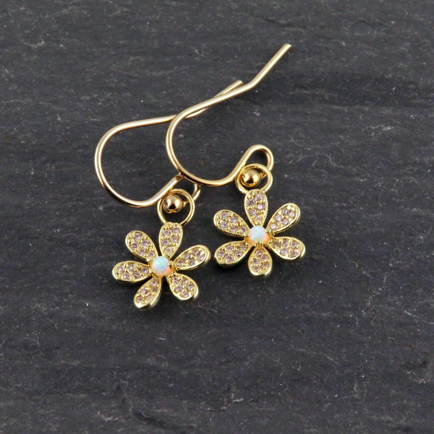 Opal Flower Earrings | Gold Opal Earrings | Gold Flower Earrings | Opal CZ Floral Earrings | Delicate Opal Earrings | Light Opal Earrings