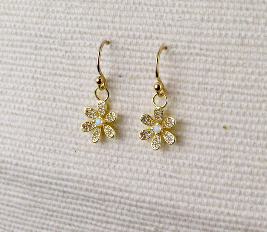 Opal Flower Earrings | Gold Opal Earrings | Gold Flower Earrings | Opal CZ Floral Earrings | Delicate Opal Earrings | Light Opal Earrings