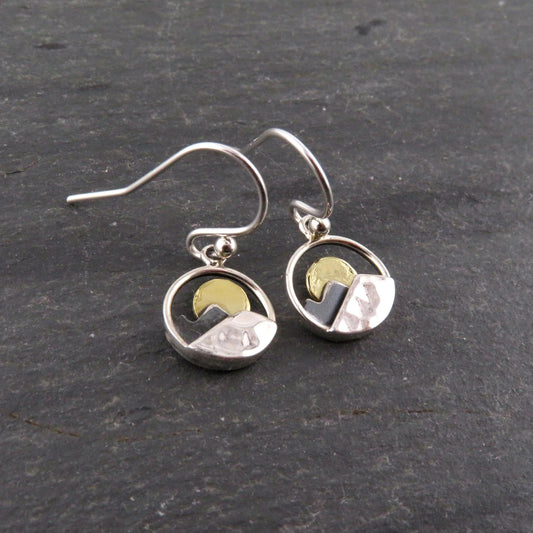 Two Tone Moon Earrings | Gold Silver Mountain Earrings | Mixed Metal Celestial Earrings | Sterling Moon Mountains Earrings | Nature Earrings