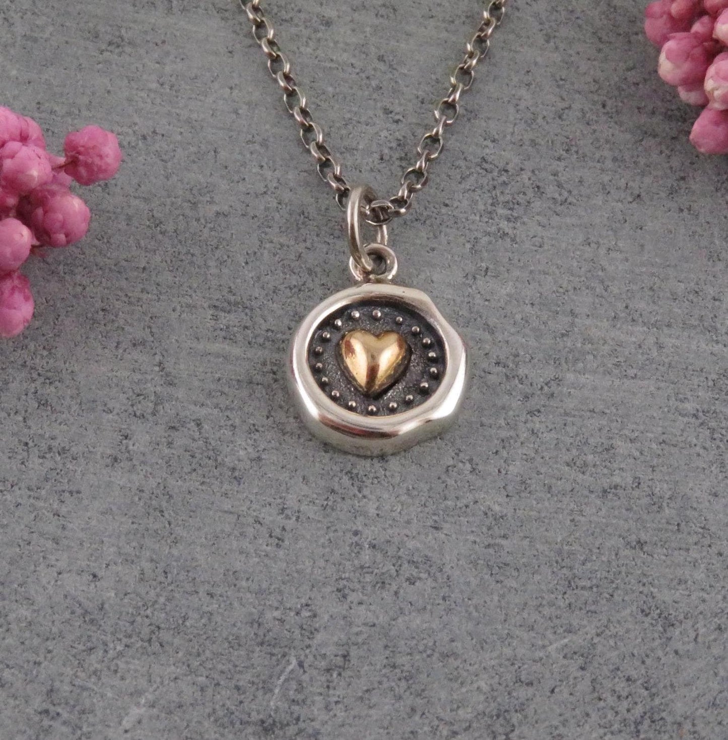 Mixed Metal Heart Necklace | Unique Heart Necklace | Silver Gold Heart | Sterling Heart Necklace | Framed Heart Pendant | Rustic Heart Charm