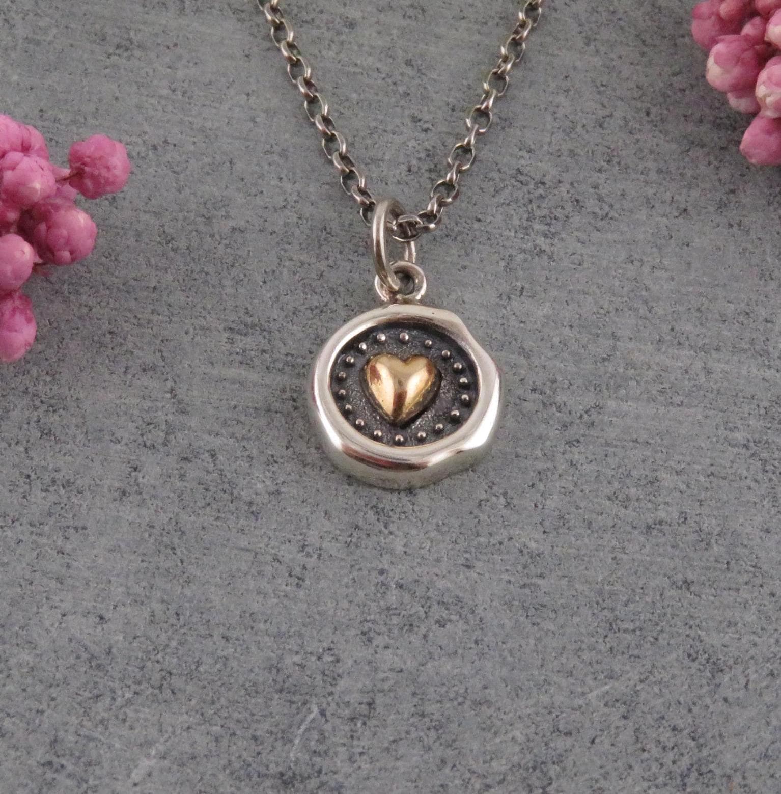 Mixed Metal Heart Necklace | Unique Heart Necklace | Silver Gold Heart | Sterling Heart Necklace | Framed Heart Pendant | Rustic Heart Charm