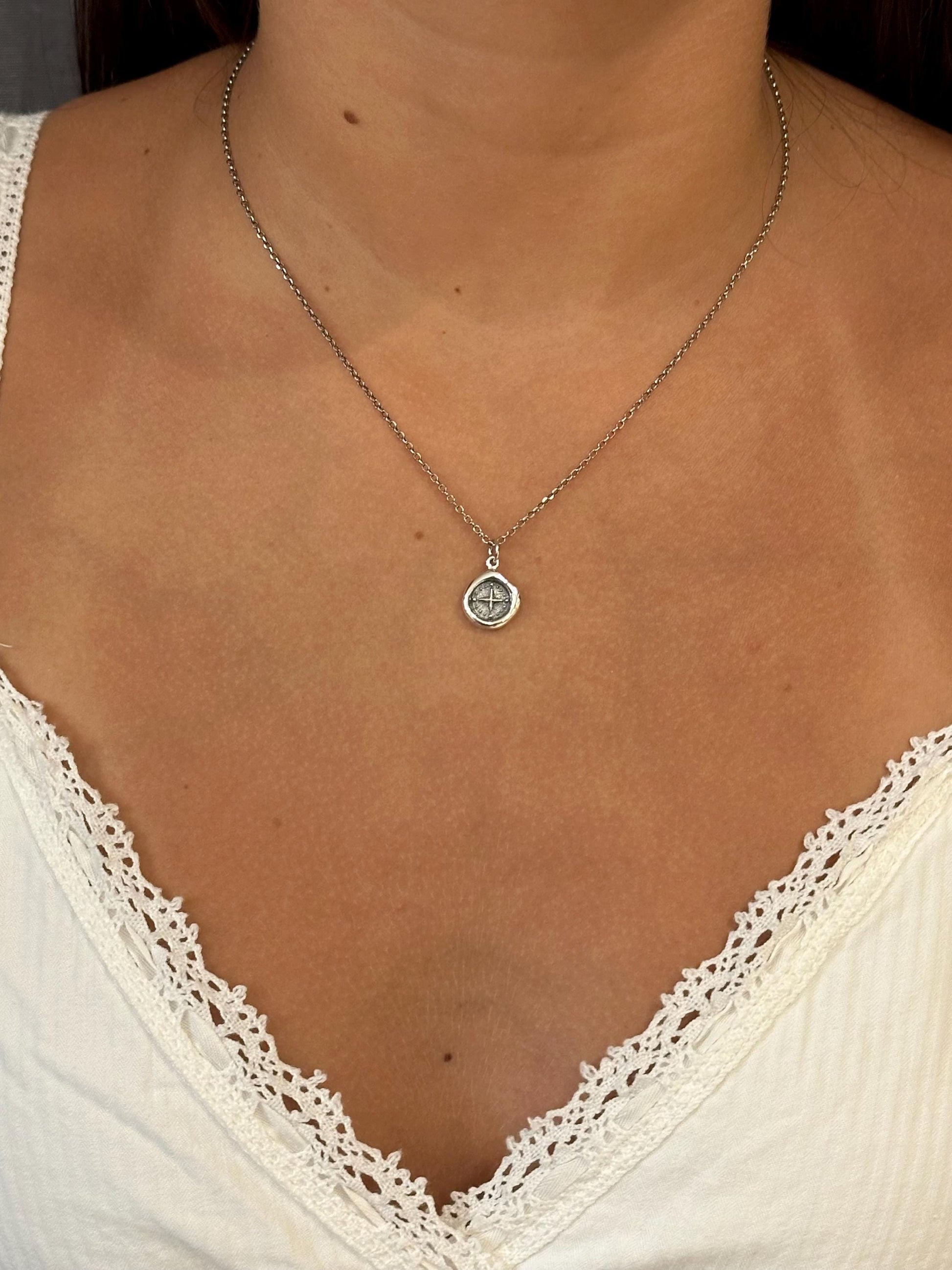 Sterling Small Compass Necklace | Silver Compass Pendant | Guidance Medallion | Imprint Compass Pendant | Wax Seal Compass Pendant | Compass