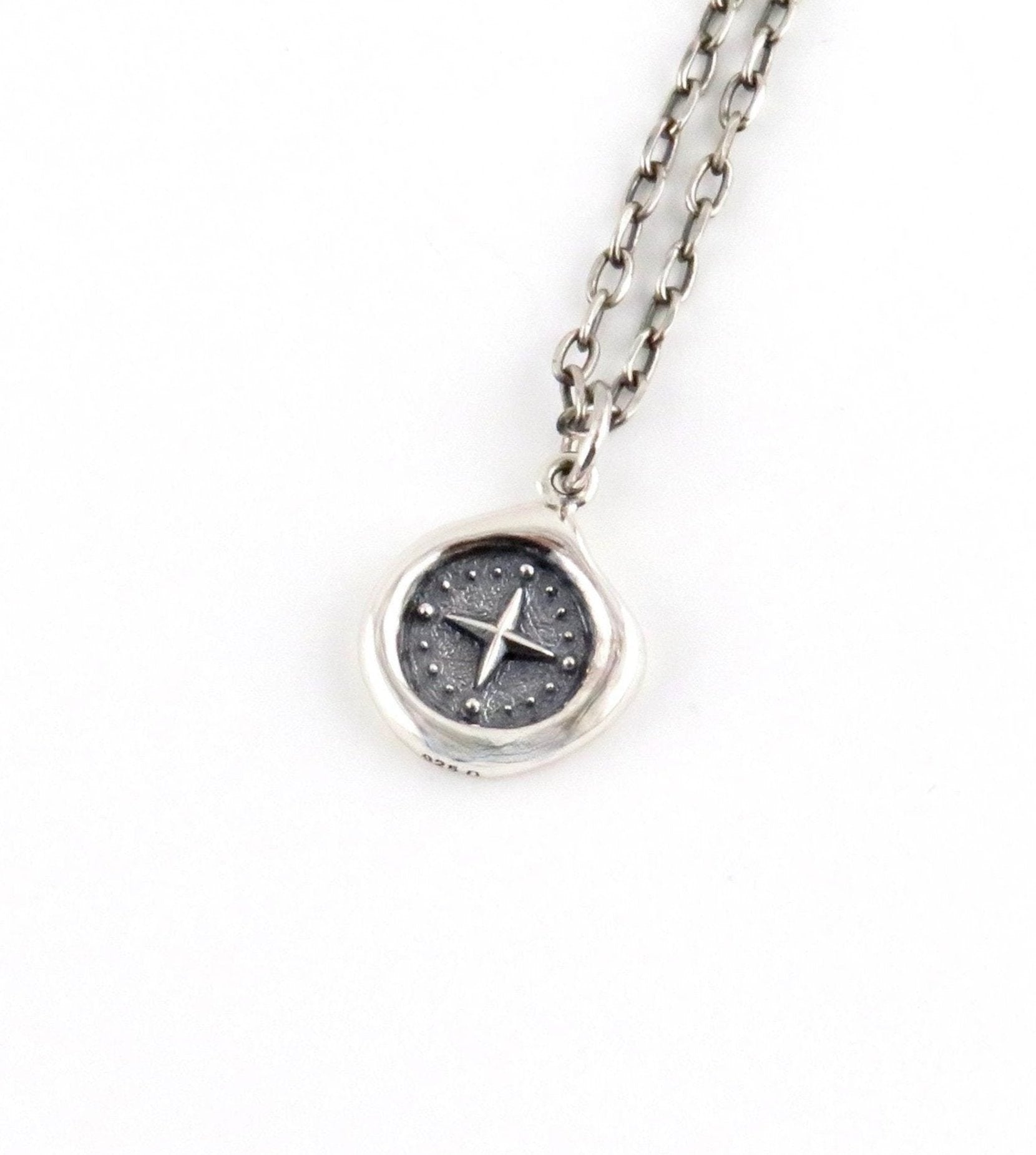 Sterling Small Compass Necklace | Silver Compass Pendant | Guidance Medallion | Imprint Compass Pendant | Wax Seal Compass Pendant | Compass