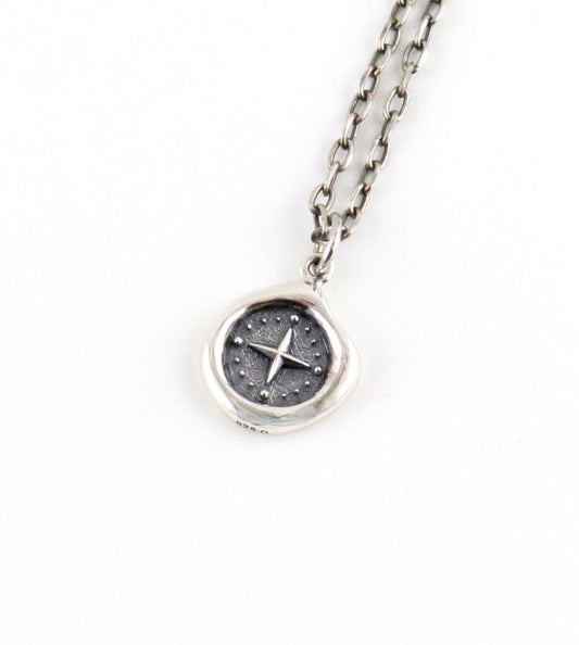 Sterling Small Compass Necklace | Silver Compass Pendant | Guidance Medallion | Imprint Compass Pendant | Wax Seal Compass Pendant | Compass