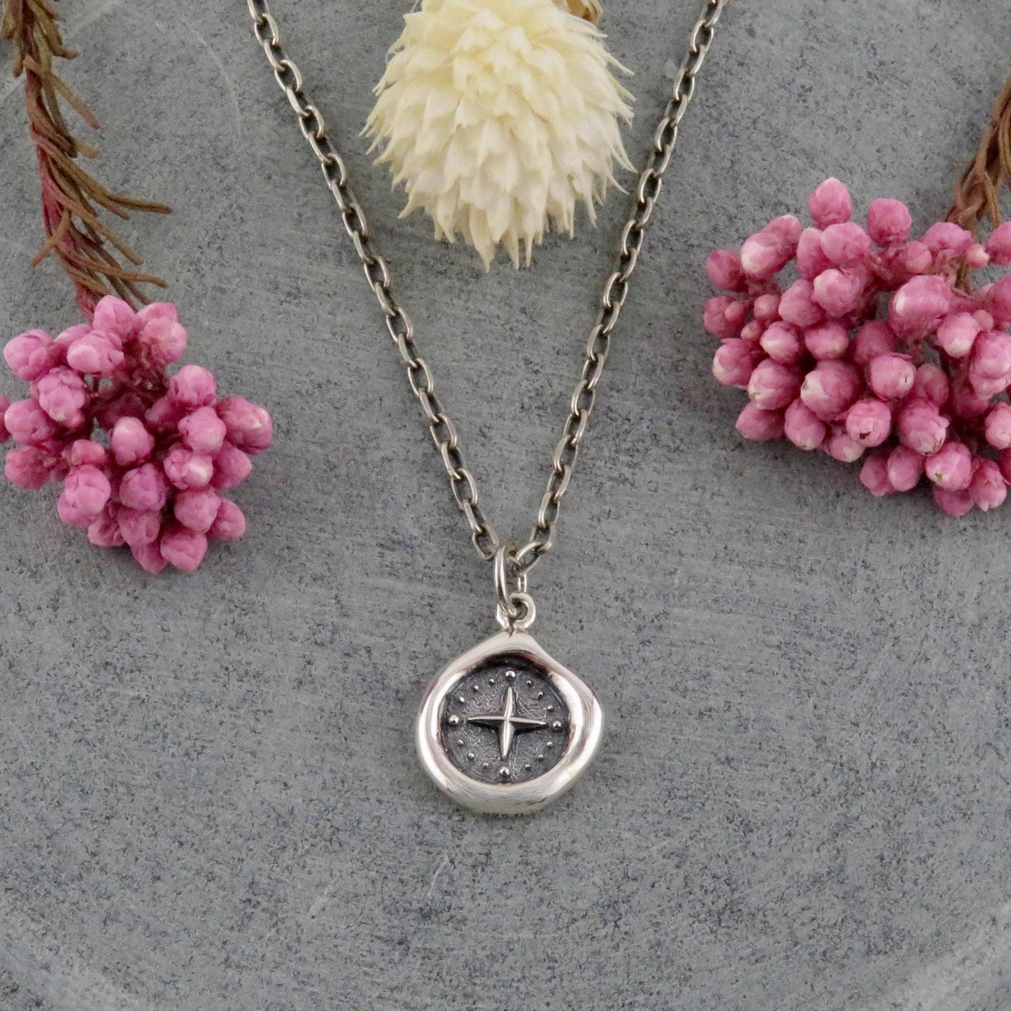 Sterling Small Compass Necklace | Silver Compass Pendant | Guidance Medallion | Imprint Compass Pendant | Wax Seal Compass Pendant | Compass