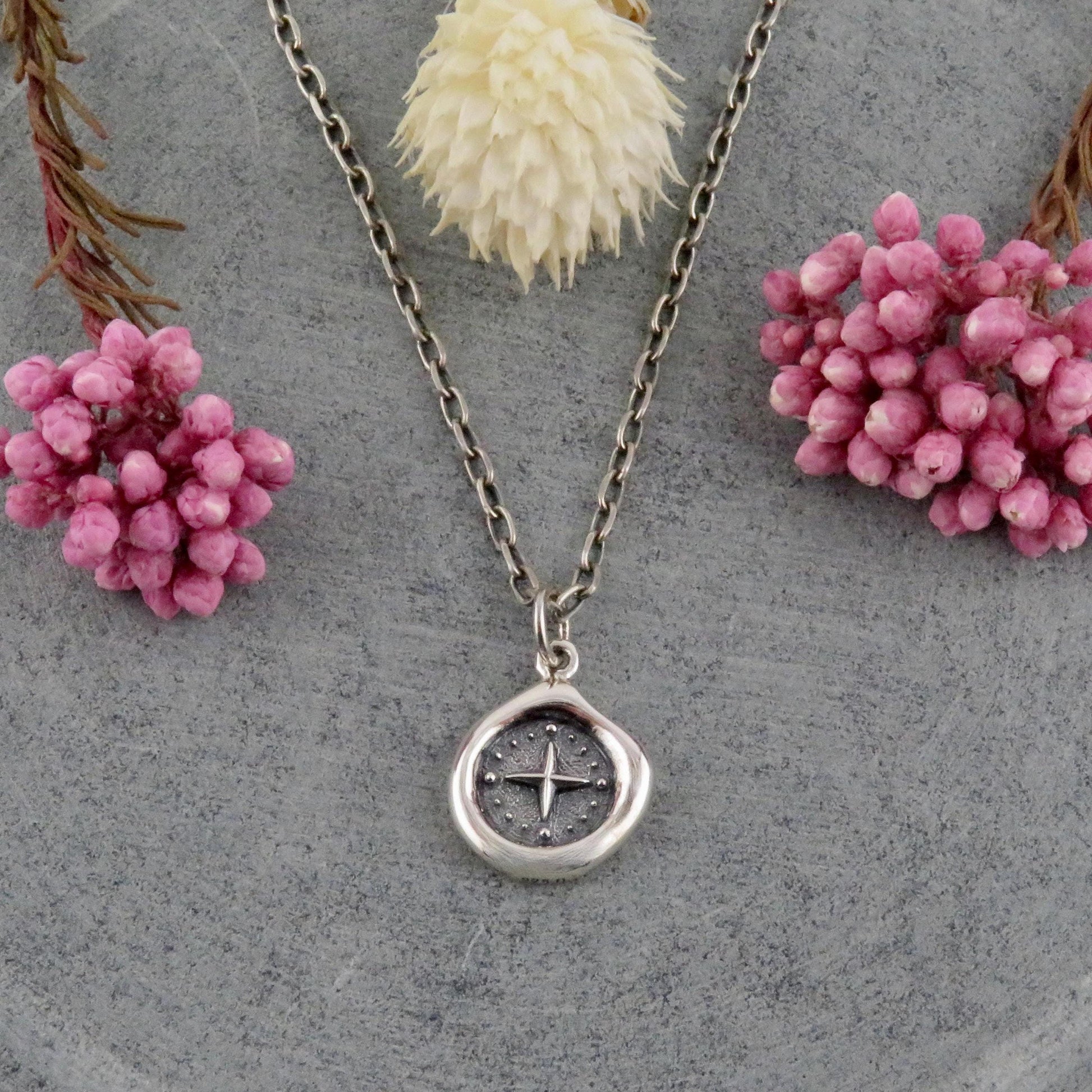 Sterling Small Compass Necklace | Silver Compass Pendant | Guidance Medallion | Imprint Compass Pendant | Wax Seal Compass Pendant | Compass
