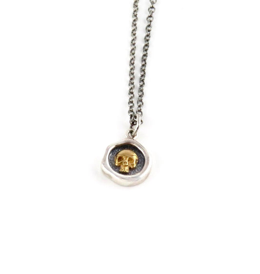 Mixed Metal Skull Necklace | Unique Skull Necklace | Silver Gold Skull| Sterling Skull Necklace | Framed Skull Pendant | Rustic SkullCharm