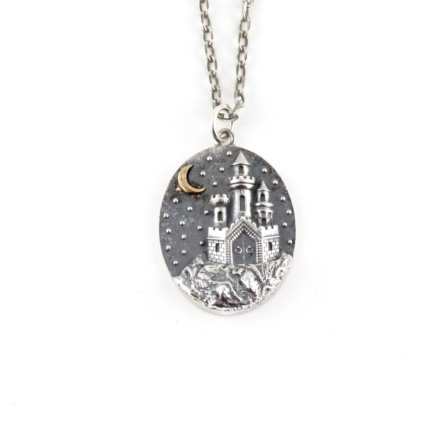 Sterling Castle Pendant | Silver Gothic Necklace | Two Tone Castle Pendant | Silver Gold Fortress Necklace | Fantasy Necklace | Castle Charm