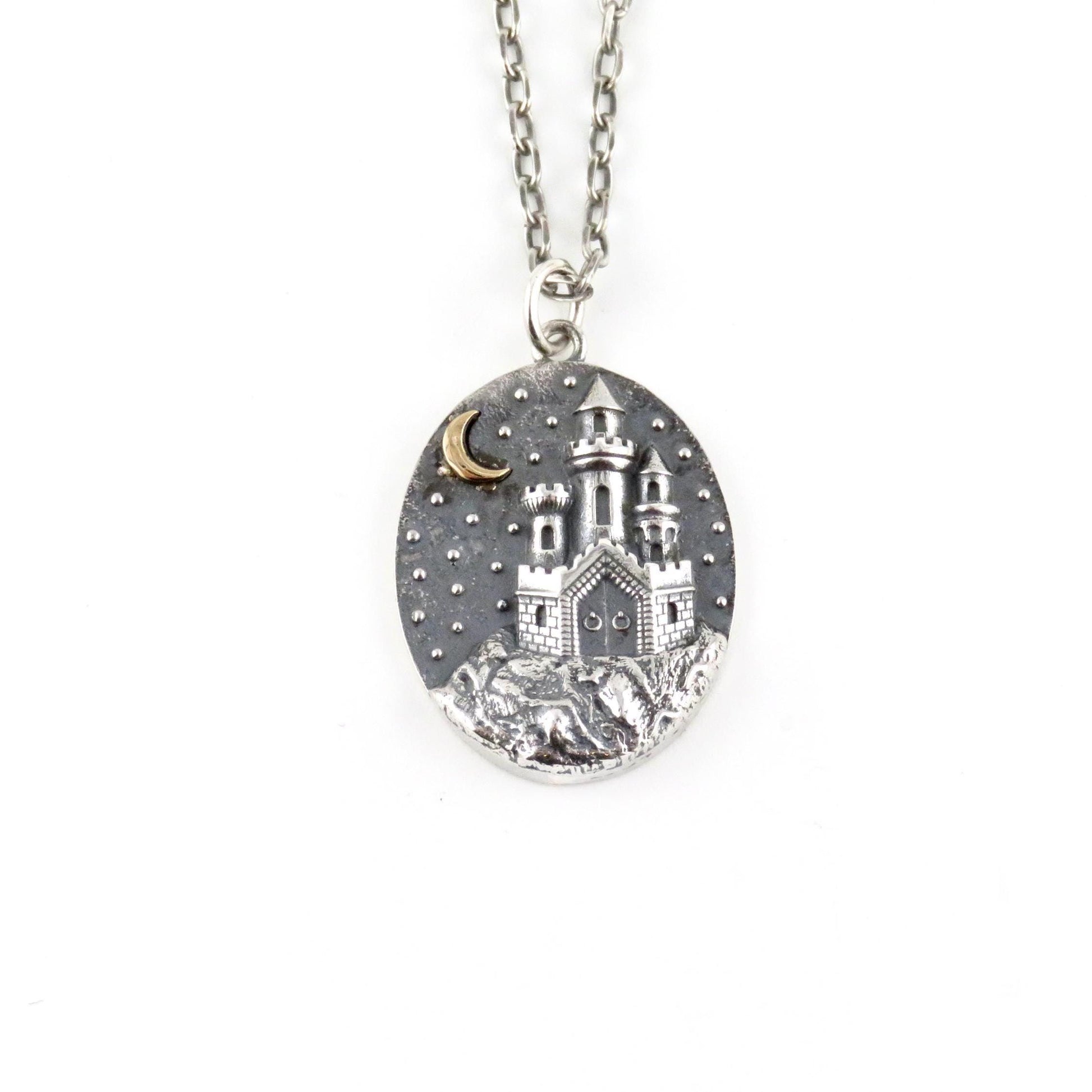 Sterling Castle Pendant | Silver Gothic Necklace | Two Tone Castle Pendant | Silver Gold Fortress Necklace | Fantasy Necklace | Castle Charm
