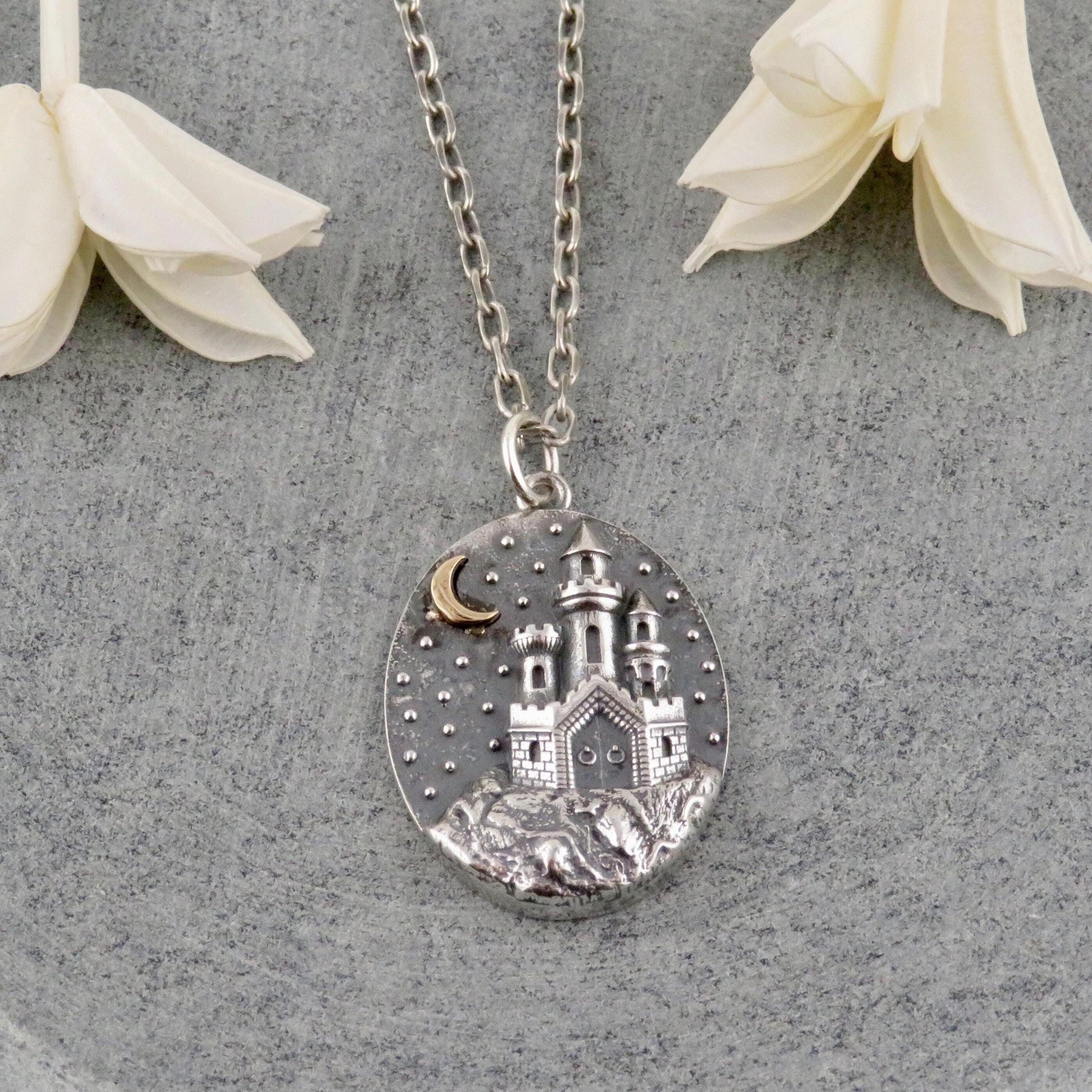 Sterling Castle Pendant | Silver Gothic Necklace | Two Tone Castle Pendant | Silver Gold Fortress Necklace | Fantasy Necklace | Castle Charm