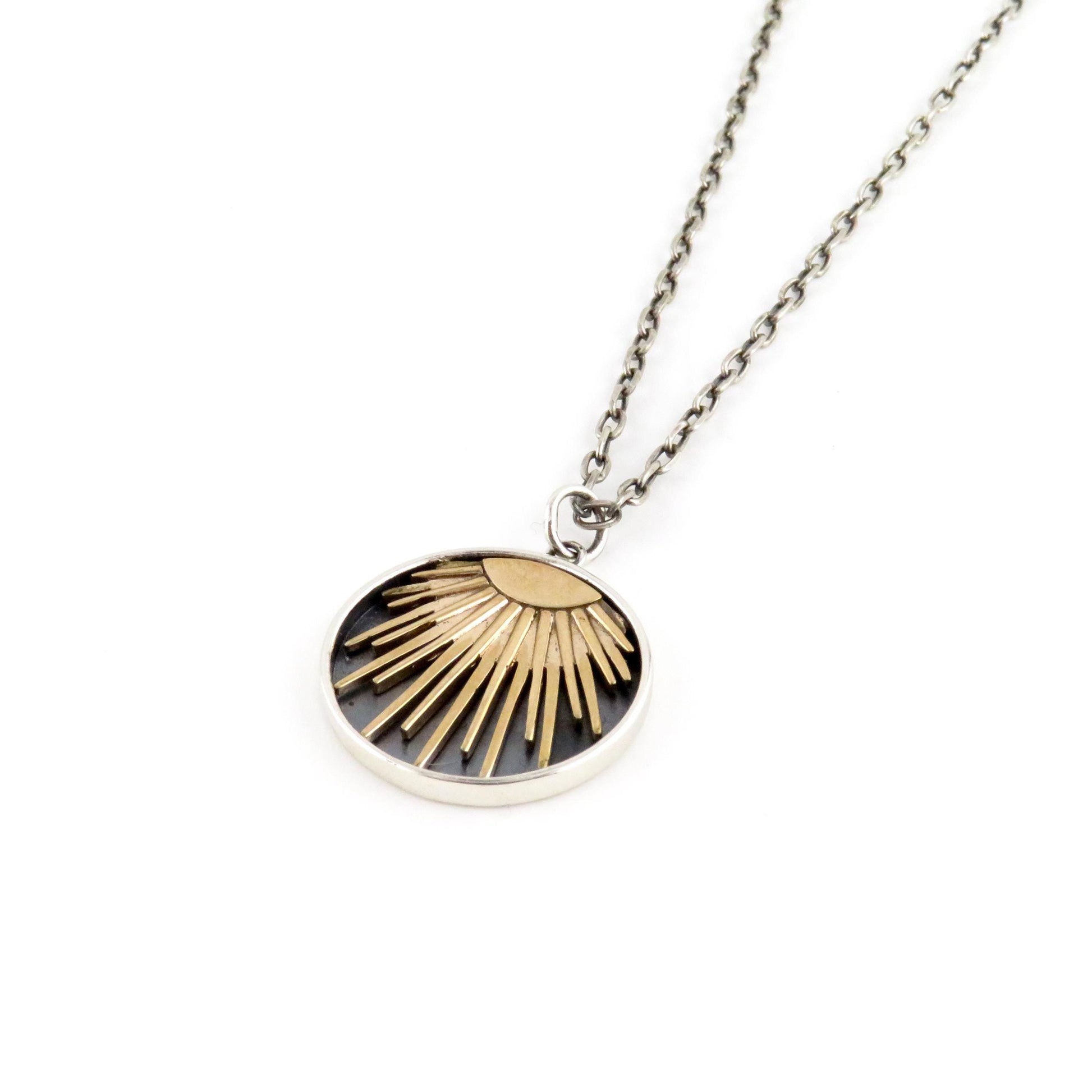 Two Tone Sun Rays Necklace | Gold Silver Sun Pendant | Mixed Metal Necklace | Rays of Sunshine Necklace | Sterling Sun Pendant | Sun on Disc