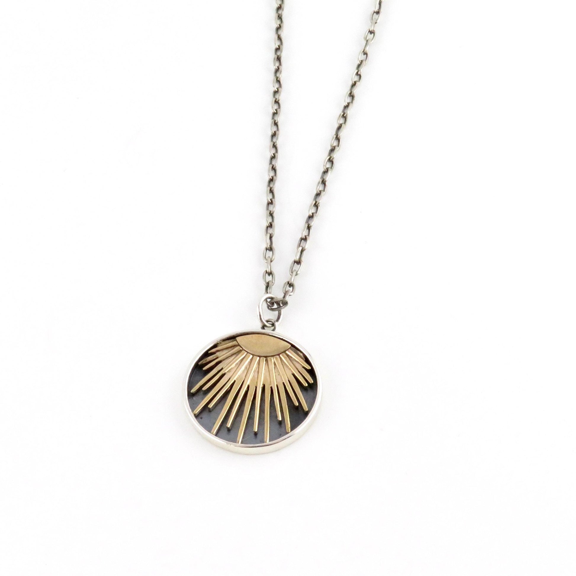 Two Tone Sun Rays Necklace | Gold Silver Sun Pendant | Mixed Metal Necklace | Rays of Sunshine Necklace | Sterling Sun Pendant | Sun on Disc