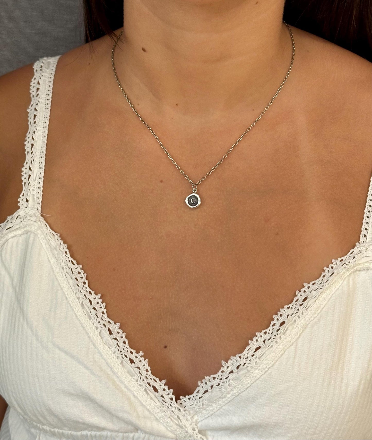 Sterling Moon Necklace | Rustic Moon Necklace | Silver Gold Wax Seal | Mixed Metal Moon | Framed Moon Coin