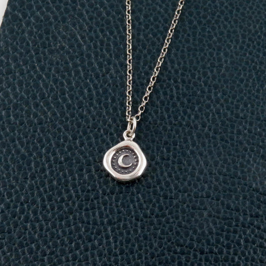 Sterling Moon Necklace | Rustic Moon Necklace | Sterling Moon Pendant | Silver Wax Seal Moon | Unique Moon Necklace | Framed Moon Coin