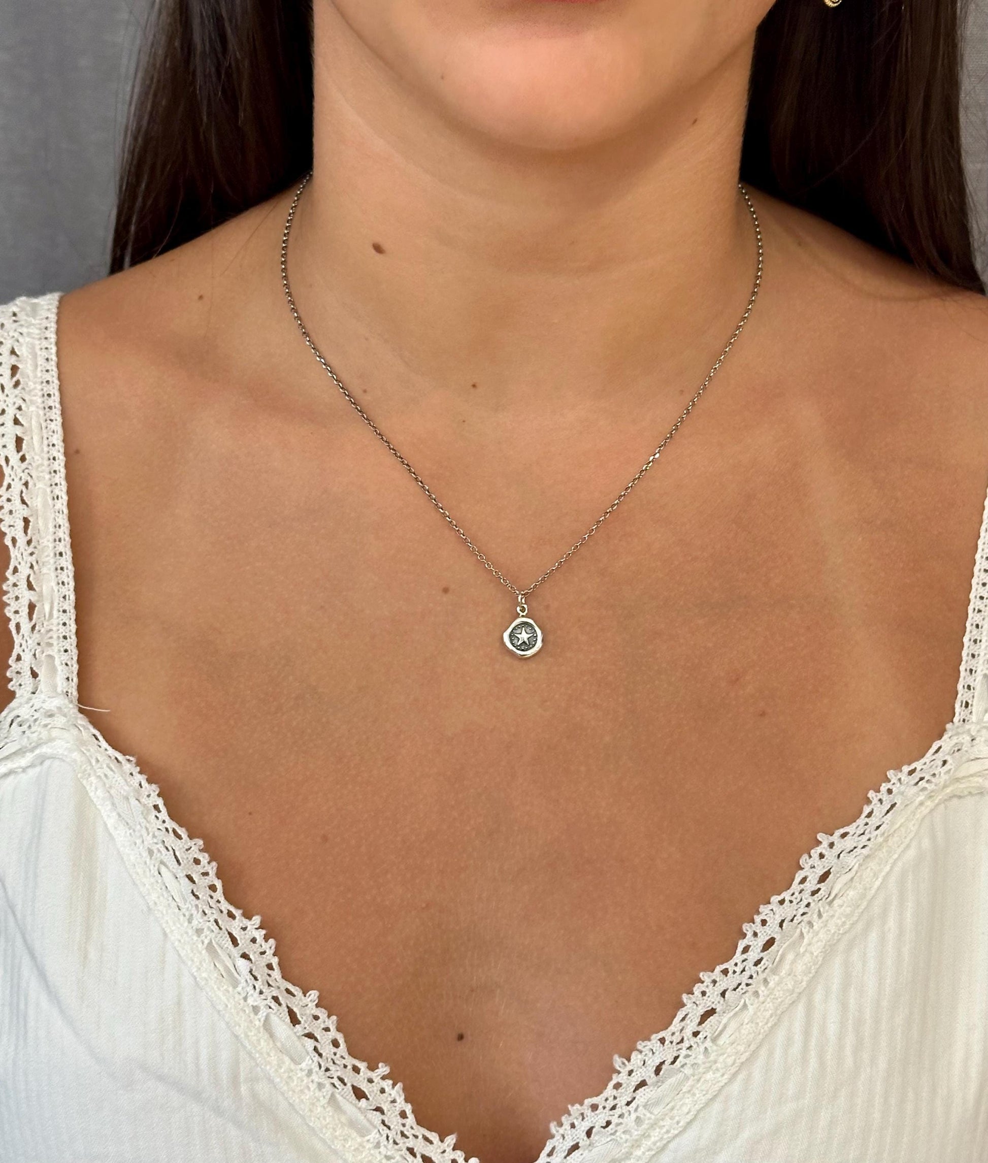 Sterling Star Necklace | Rustic Star Necklace | Sterling Star Pendant | Silver Wax Seal Star | Unique Star Necklace | Framed Star Coin