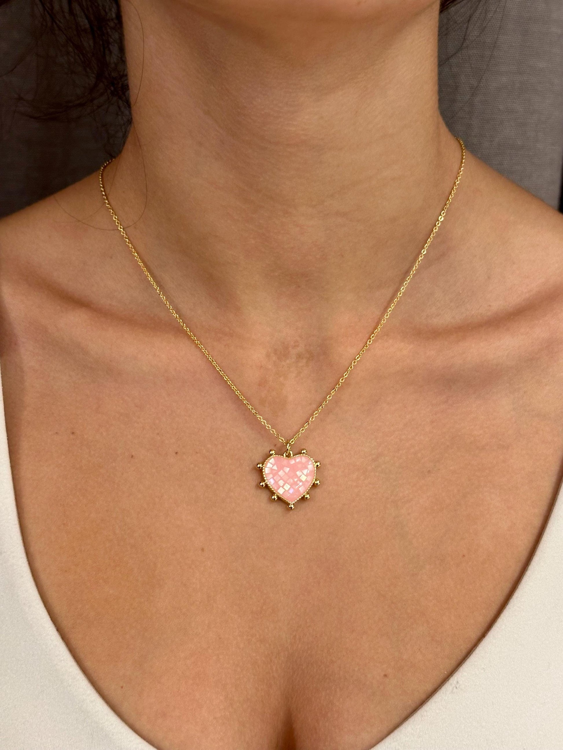 Pink Mosaic Pearl Heart Necklace
