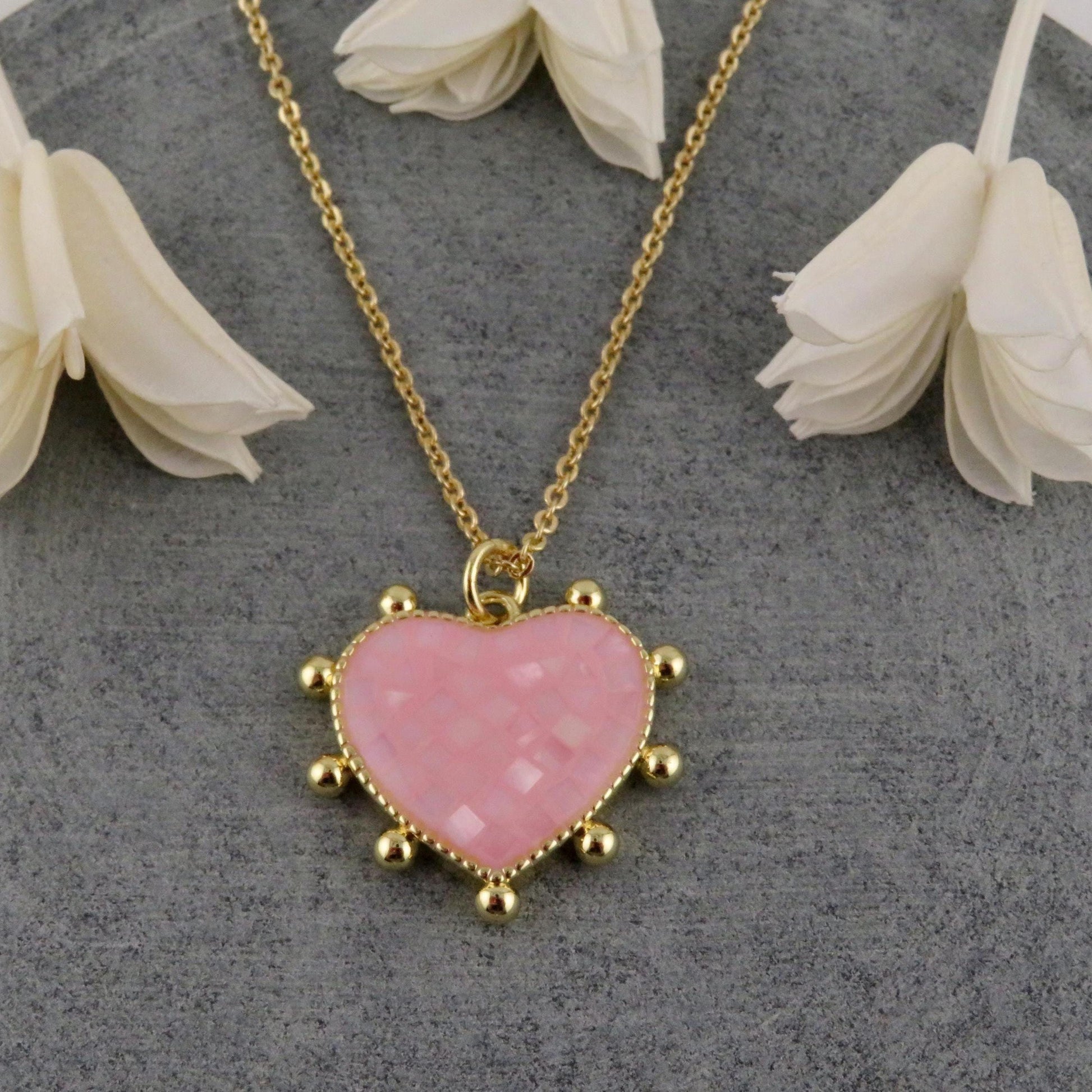 Pink Mosaic Pearl Heart Necklace