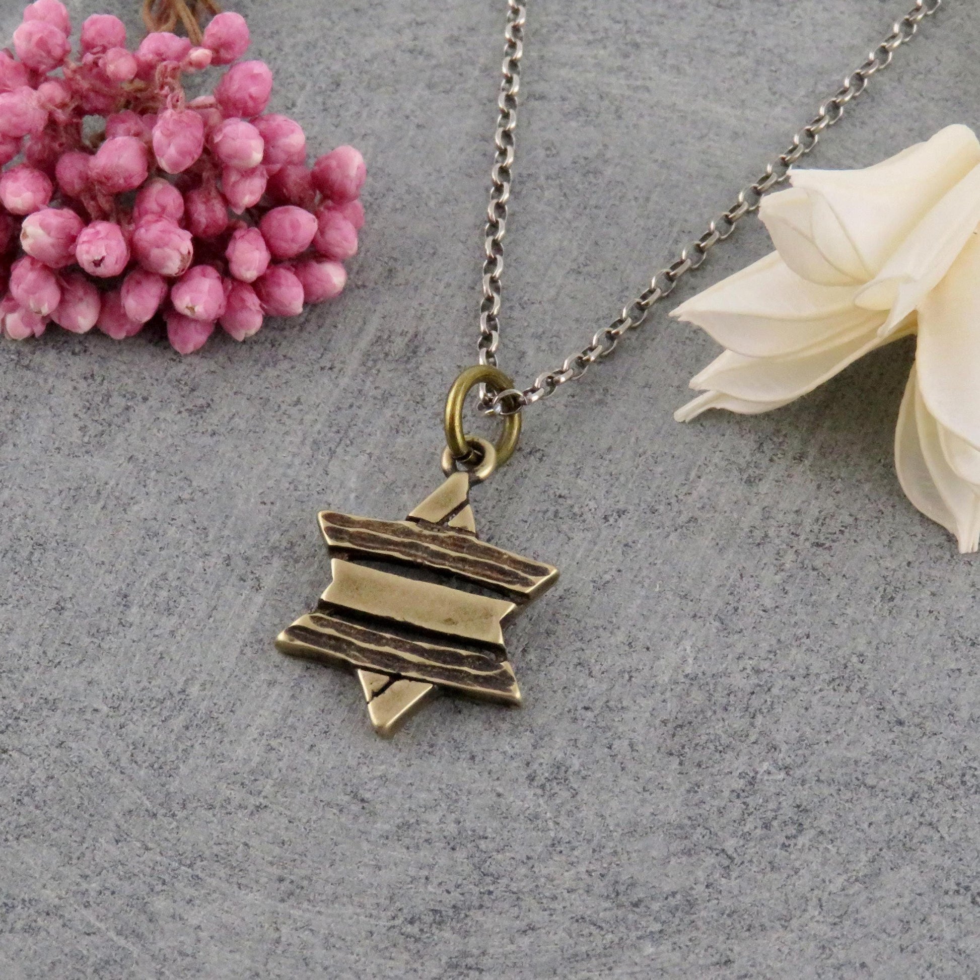 Brass Rustic Star of David Necklace