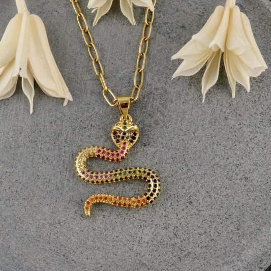 Multicolor Snake Pendant | Gold Snake Necklace | Colorful Serpent Pendant | Rainbow Crystal Snake Necklace | Sparkly Gold Serpent Necklace