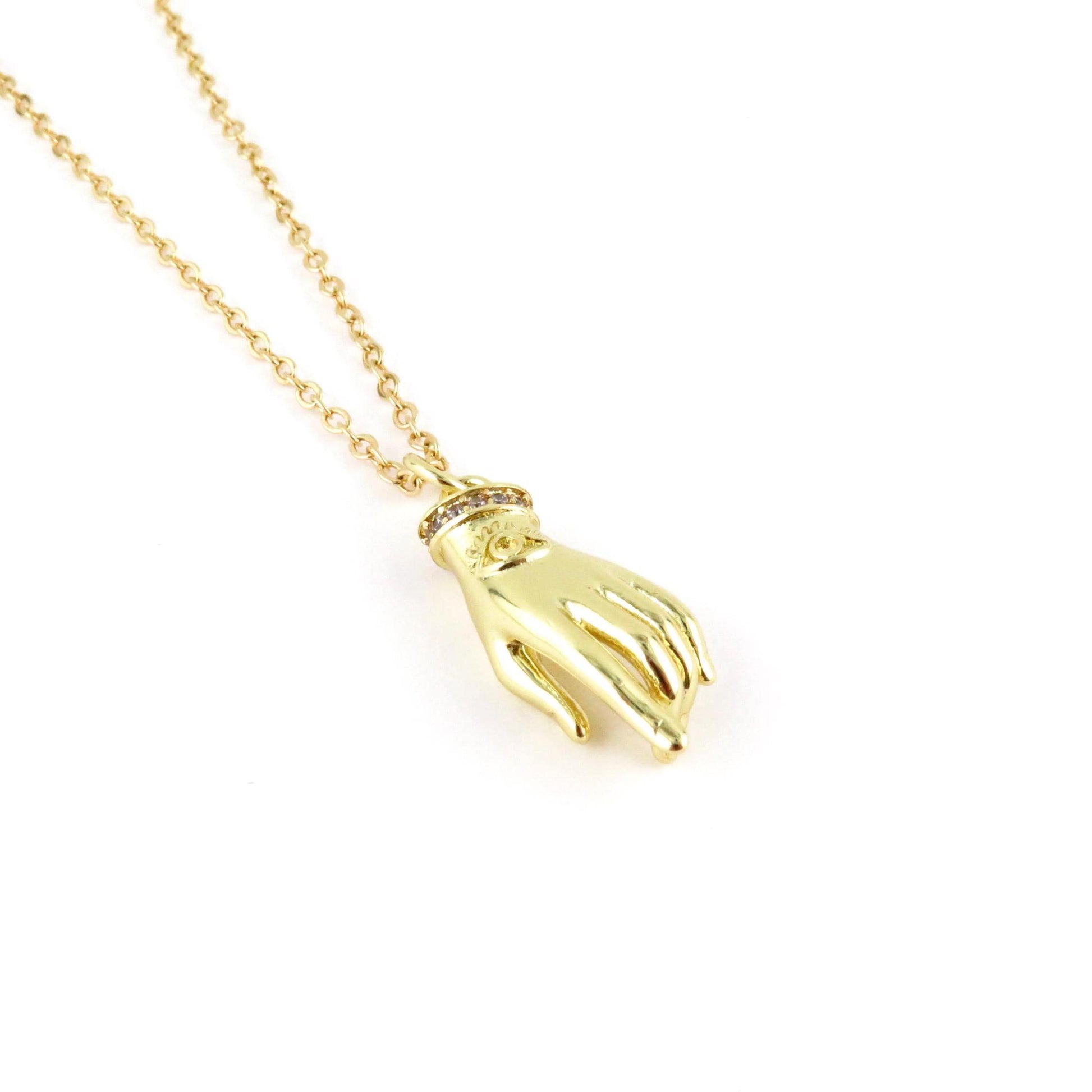 Gold Hand Necklace | Gold filled CZ Hand Necklace | Hand Eye Necklace | Gold Sparkly Hand Pendant | Minimal Hand of God Necklace
