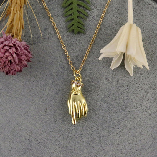 Gold Hand Necklace | Gold filled CZ Hand Necklace | Hand Eye Necklace | Gold Sparkly Hand Pendant | Minimal Hand of God Necklace