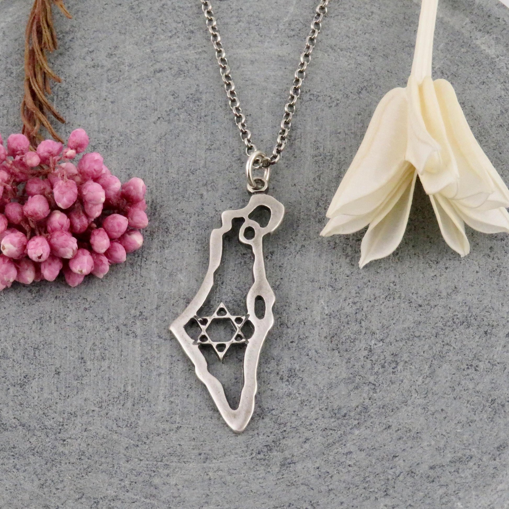 Sterling Israel Necklace | Silver Star of David Necklace | Israel Map Necklace | Sterling Magen David Necklace | Israel Map Judaic Necklace