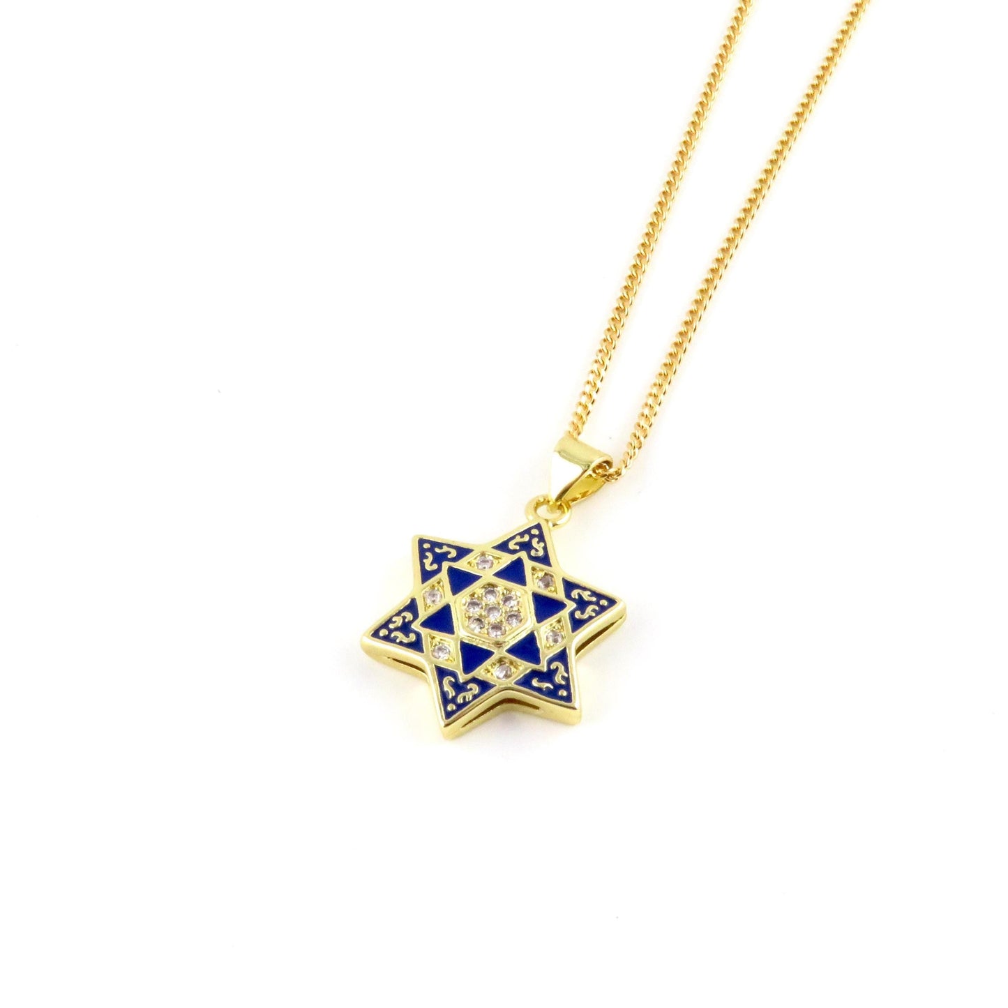 Gold Star of David Necklace | Fancy Gold Jewish Star Necklace | Gold Filled Magen David | Judaic Necklace | Gold Enamel Blue Star of David