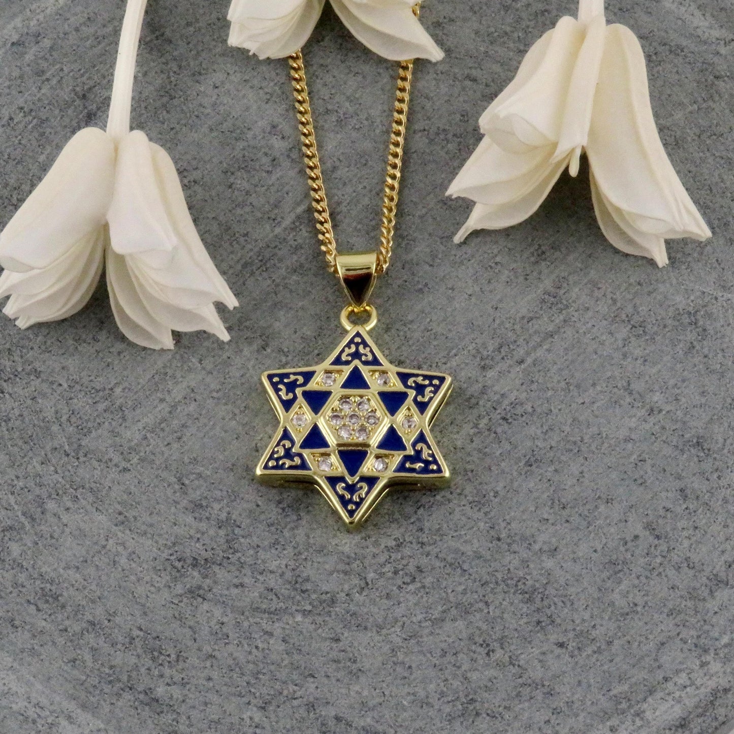 Gold Star of David Necklace | Fancy Gold Jewish Star Necklace | Gold Filled Magen David | Judaic Necklace | Gold Enamel Blue Star of David