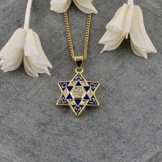 Gold Star of David Necklace | Fancy Gold Jewish Star Necklace | Gold Filled Magen David | Judaic Necklace | Gold Enamel Blue Star of David