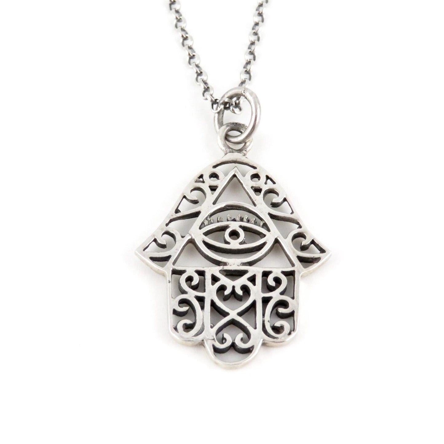 Sterling Silver Hamsa Eye Necklace | Silver Hamsa Pendant | Sterling Hand Necklace | Cutout Silver Hamsa Pendant | Fancy Sterling Hamsa Hand