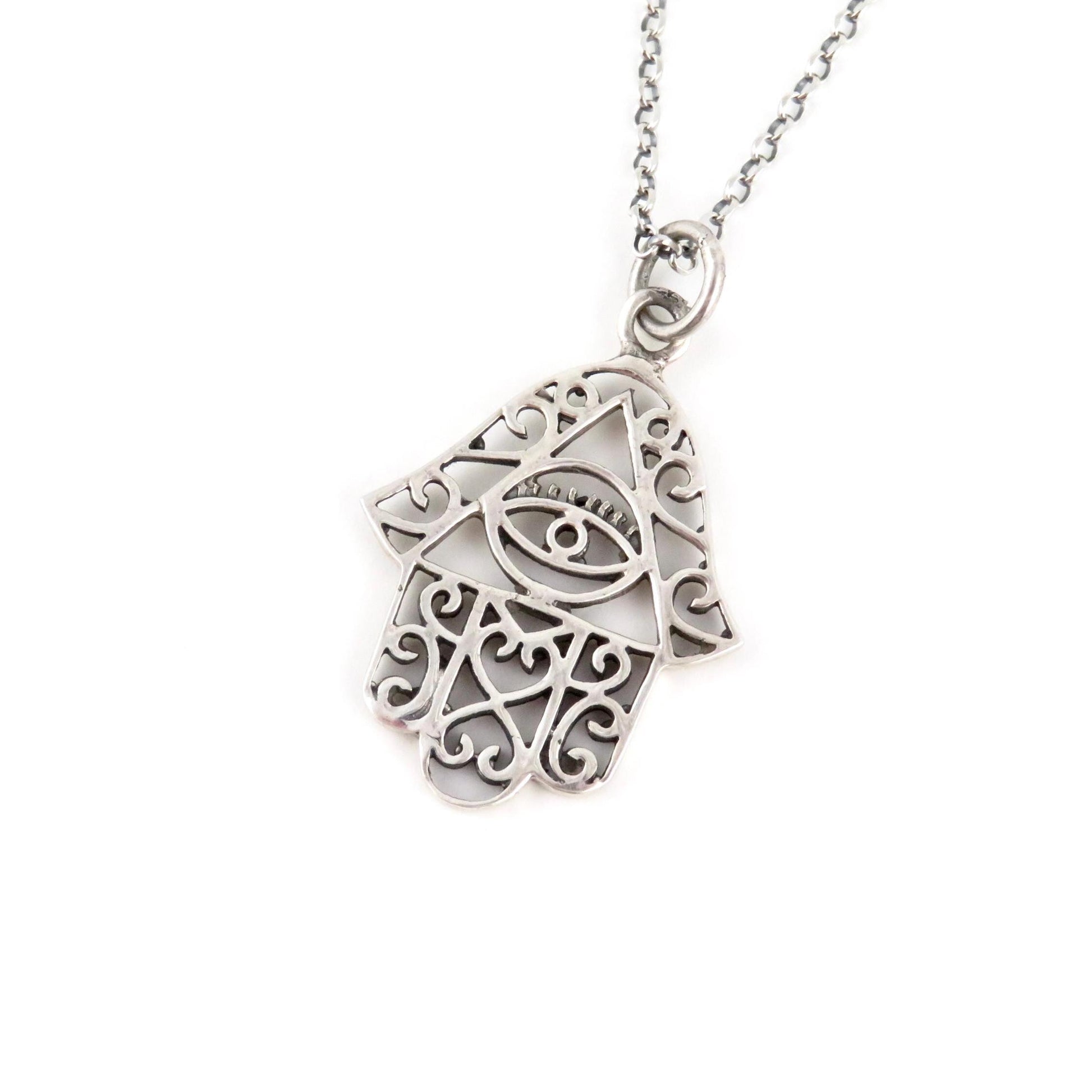 Sterling Silver Hamsa Eye Necklace | Silver Hamsa Pendant | Sterling Hand Necklace | Cutout Silver Hamsa Pendant | Fancy Sterling Hamsa Hand