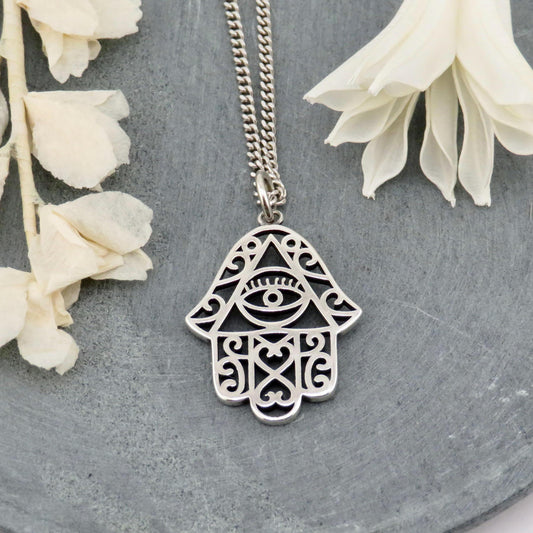 Sterling Silver Hamsa Eye Necklace | Silver Hamsa Pendant | Sterling Hand Necklace | Cutout Silver Hamsa Pendant | Fancy Sterling Hamsa Hand